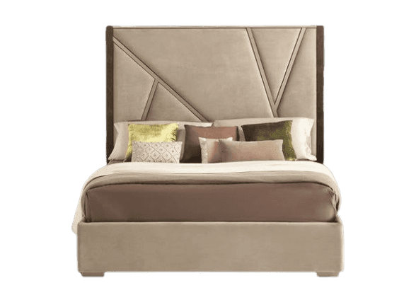 A modern upholstered bed with a geometric-patterned headboard. The headboard features cream-colored… — free BLEND 3D model