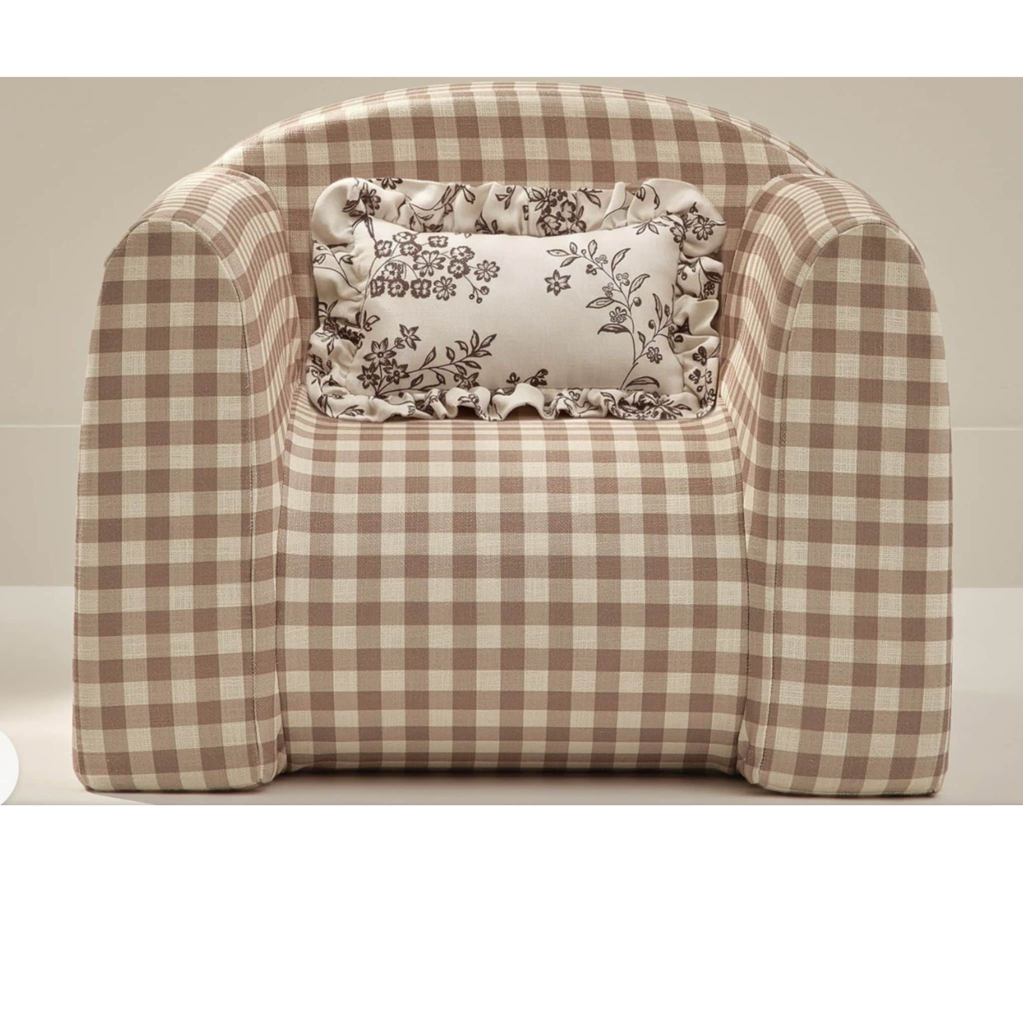 An upholstered armchair featuring a beige and brown gingham pattern, with a rounded barrel-style bac… — 3D model