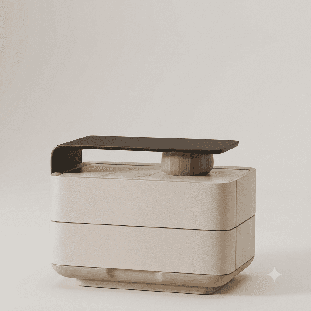 A contemporary nightstand featuring a multi-layered design. It has a cream-colored textured finish,… — 3D model