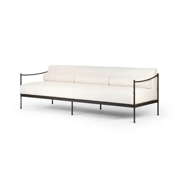 A long, upholstered seating unit featuring a minimalist dark metal frame that elegantly encompasses… — 3D model