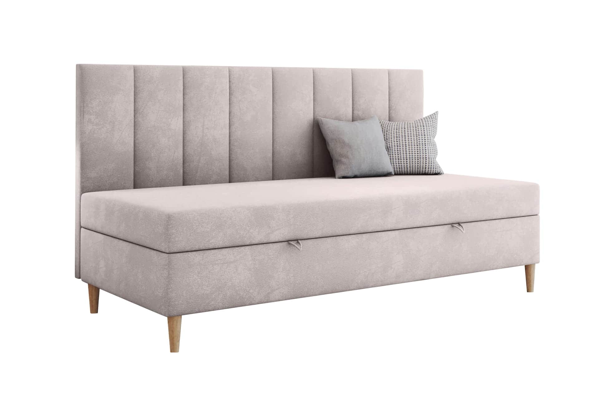 A light pink upholstered sofa with a tall, vertically tufted backrest and a plush seat. It features… — 3D model