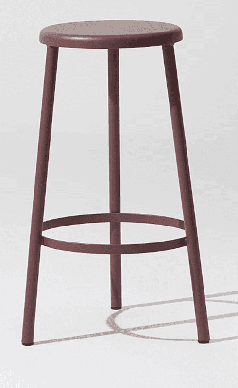A minimalist bar stool with a round, flat seat and three slender legs. A circular footrest connects… — 3D model