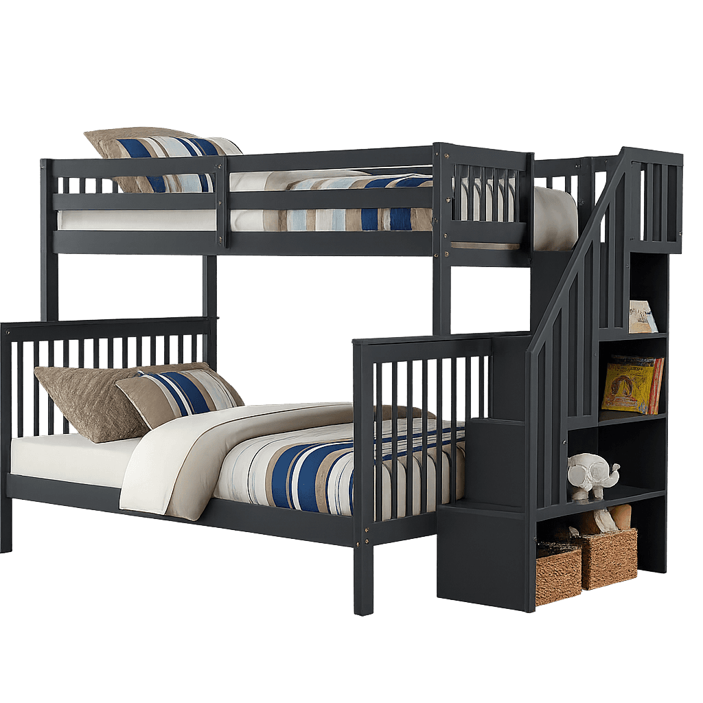 A dark gray wooden bunk bed with stairs that integrate shelving and storage compartments. The lower… — 3D model