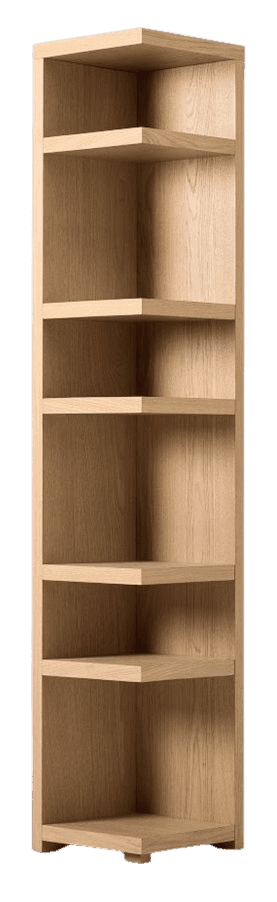 A tall, narrow, light-colored wooden corner shelf unit featuring multiple open shelves. The unit is… — 3D model