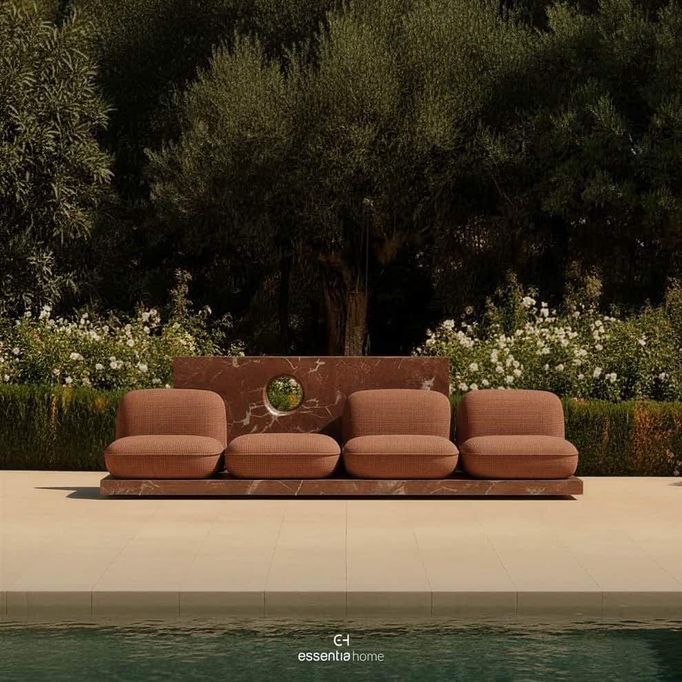 A modular bench unit featuring a tiered marble base supporting upholstered seating modules. The base… — free SKP 3D model