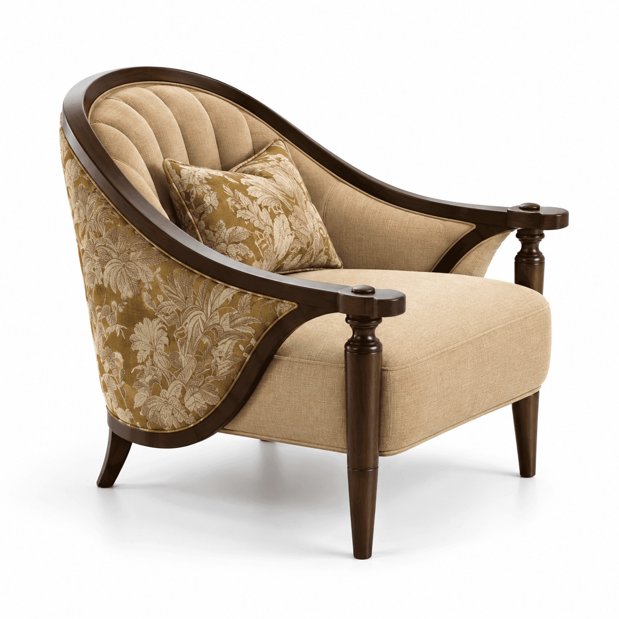 An upholstered armchair featuring a dark wood exposed frame that defines its curved back and armrest… — free FBX 3D model