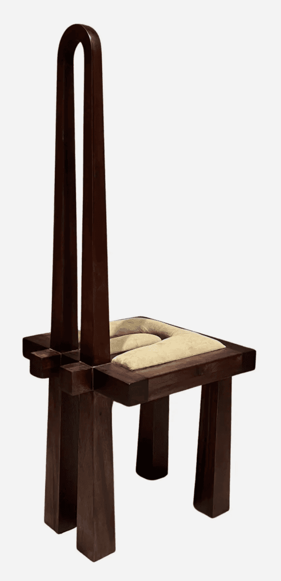 A distinctive high-back chair featuring a dark brown wooden frame and a light beige U-shaped upholst… — 3D model
