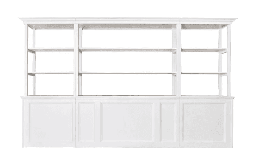 A large, multi-tiered white shelving unit with open shelves in the upper section and paneled base ca… — 3D model