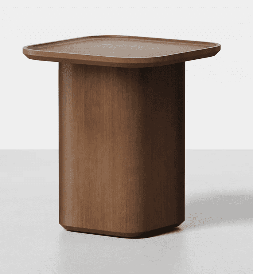 A modern end table with a rounded square top and a cylindrical pedestal base. The top has a slightly… — 3D model