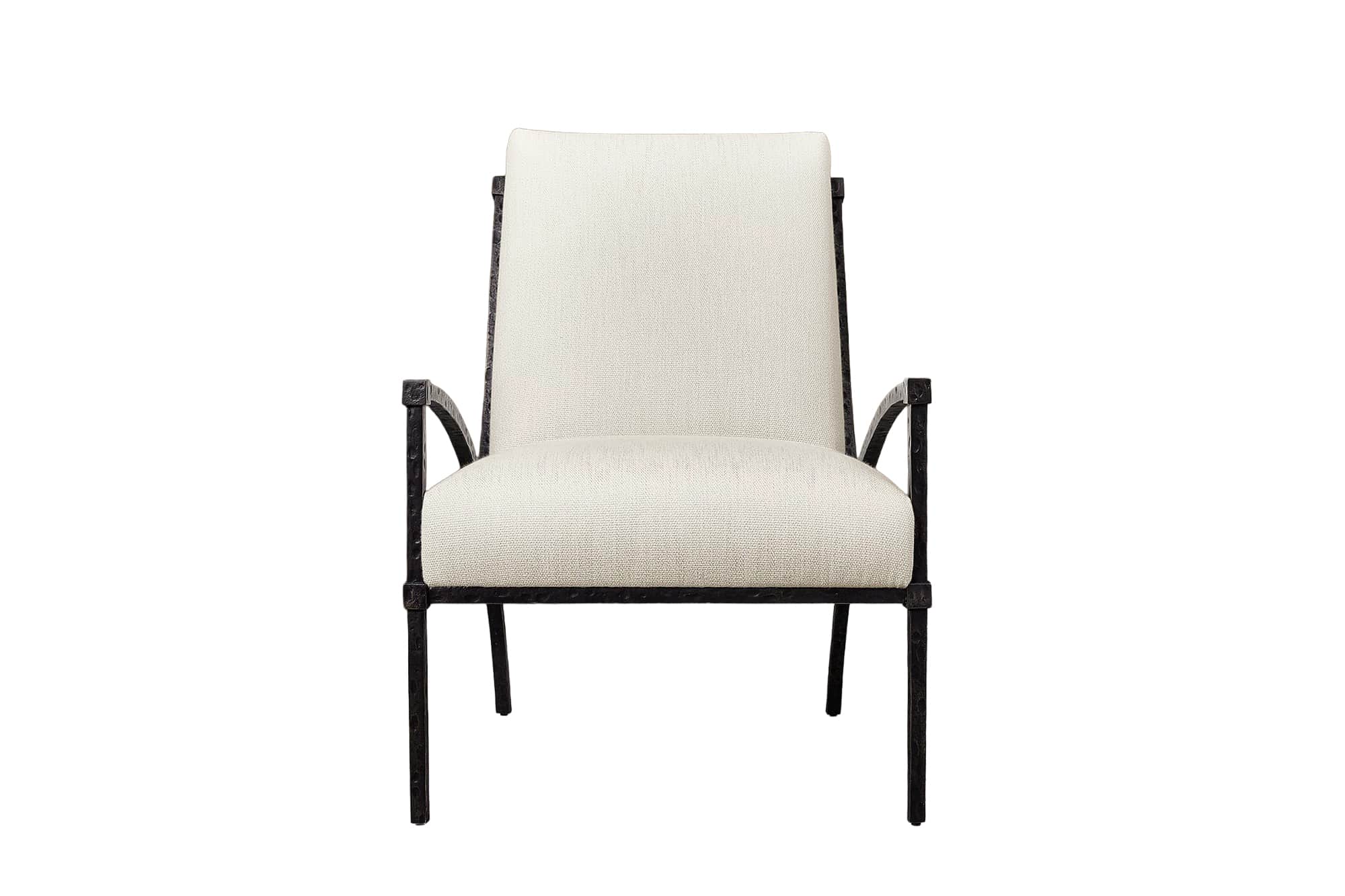 An armchair with a dark, textured forged iron frame and light-colored upholstered seat and back, fea… — 3D model