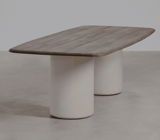 A modern rectangular dining table featuring a slatted wood tabletop with rounded corners, supported… — free OBJ 3D model