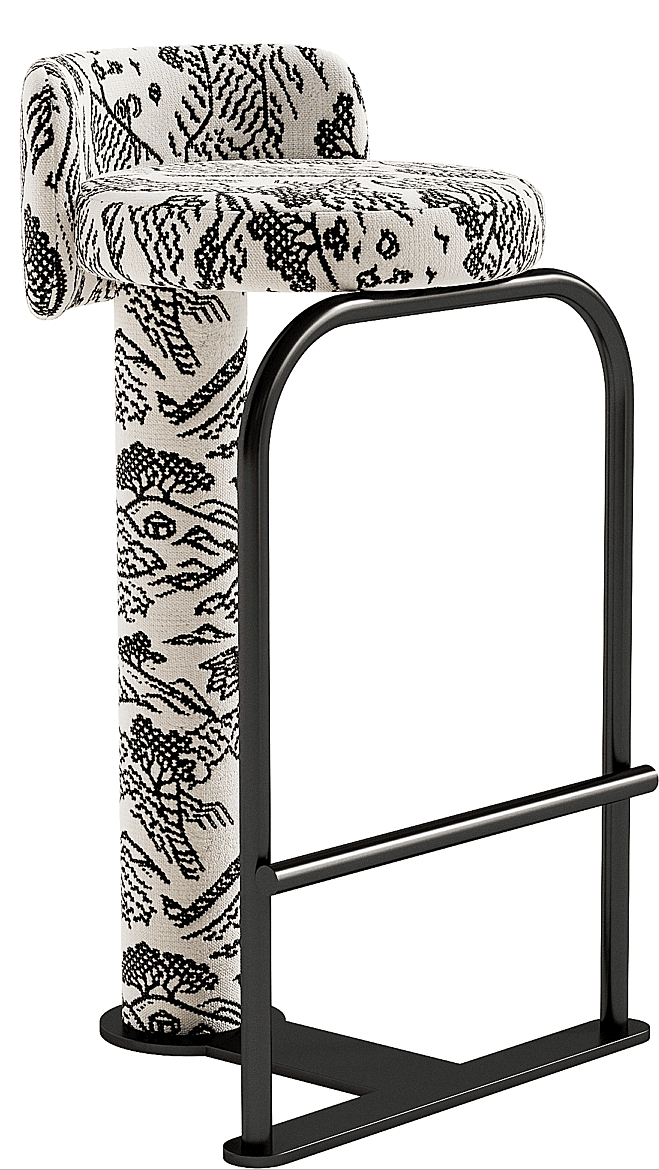 A contemporary bar stool featuring an upholstered seat and backrest in a cream and black patterned f… — 3D model
