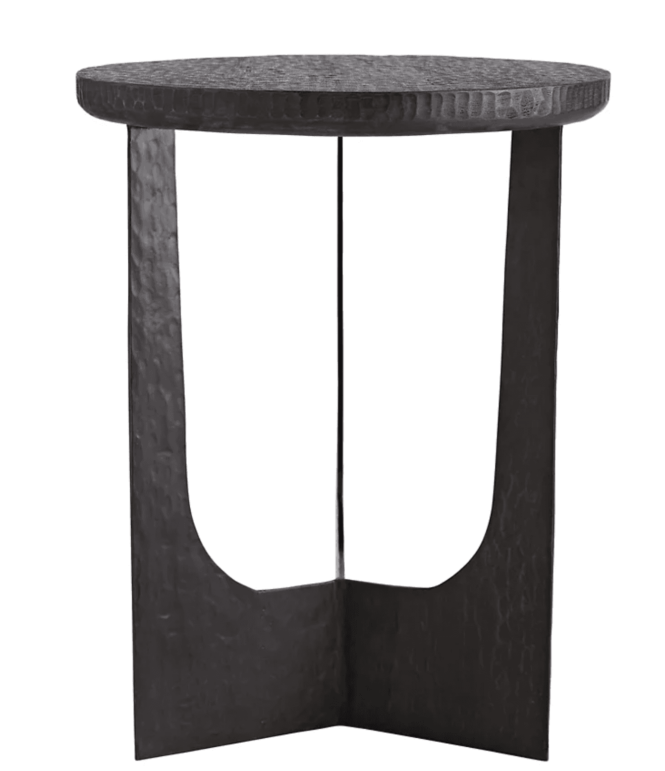 A dark-toned end table with a circular, textured top and a unique U-shaped base. The base appears to… — 3D model
