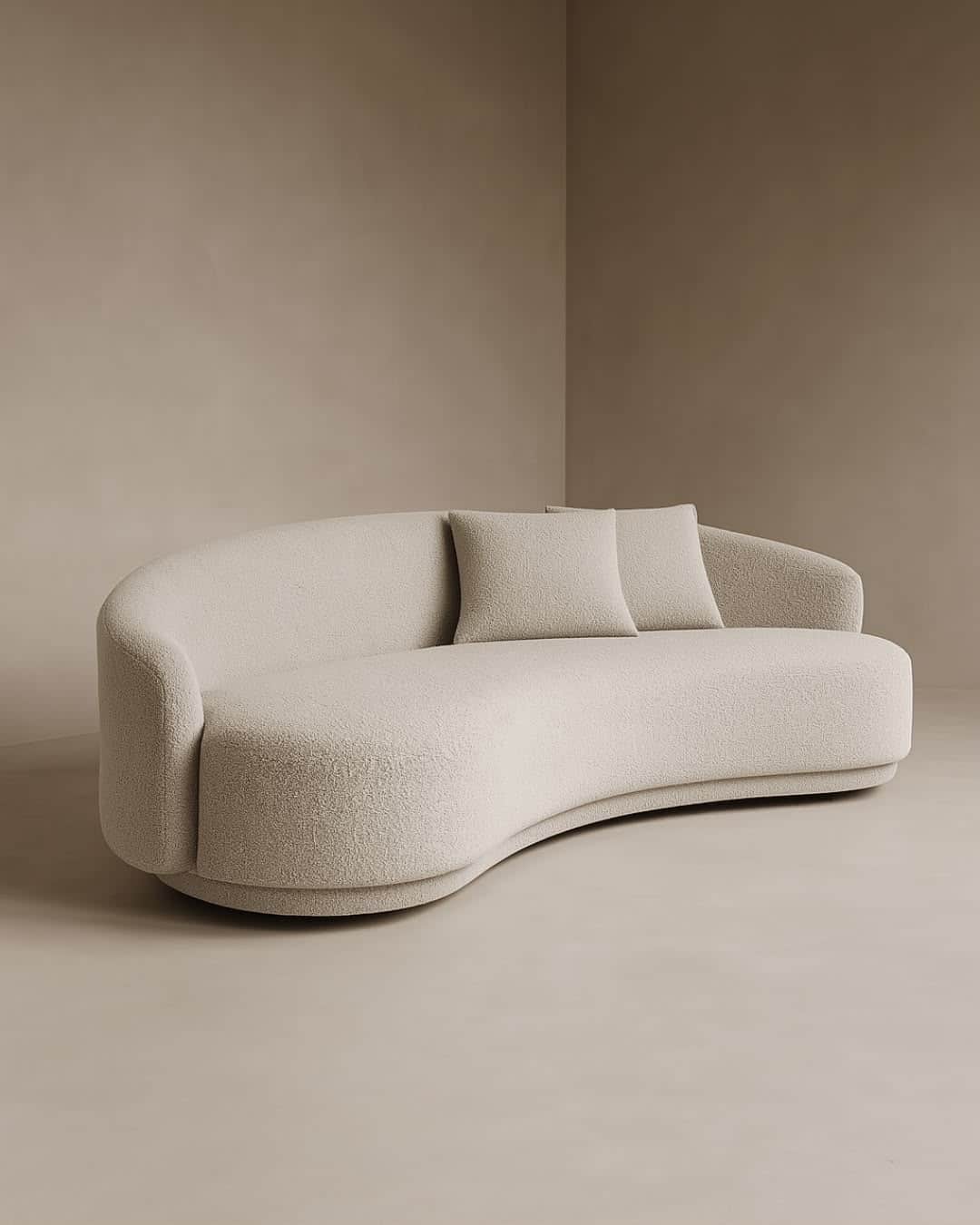 A modern curved sofa upholstered in a light beige boucle fabric, featuring a continuous low back and… — 3D model