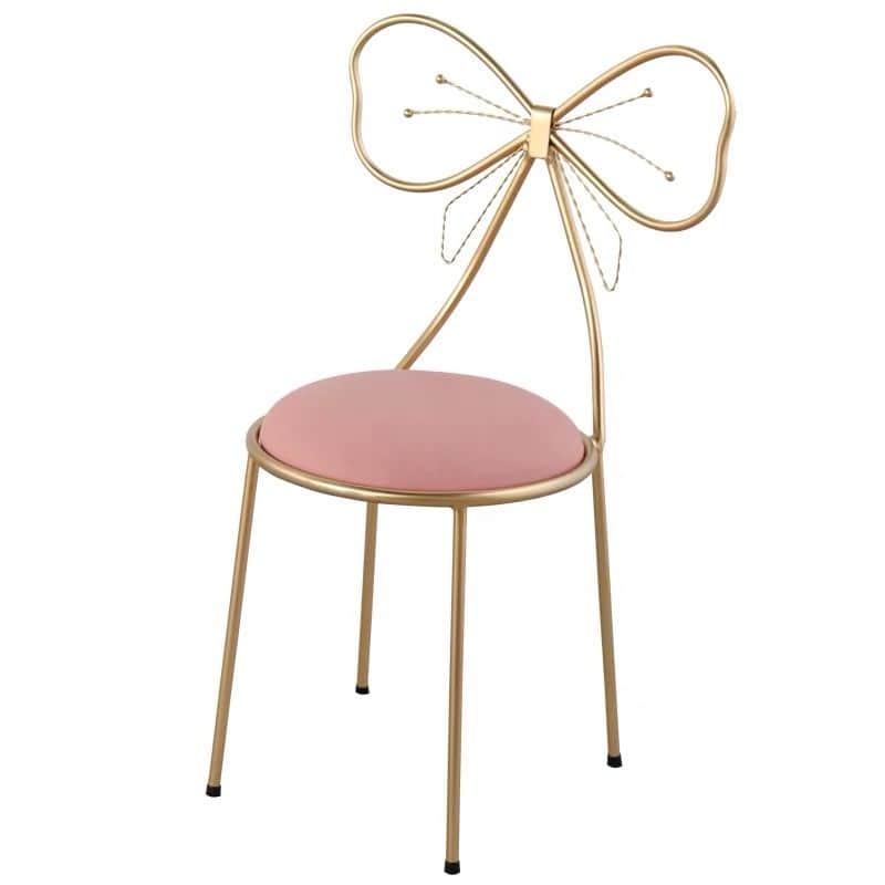 A gold-finished metal chair featuring a unique bow-shaped backrest and a round, pink upholstered sea… — 3D model
