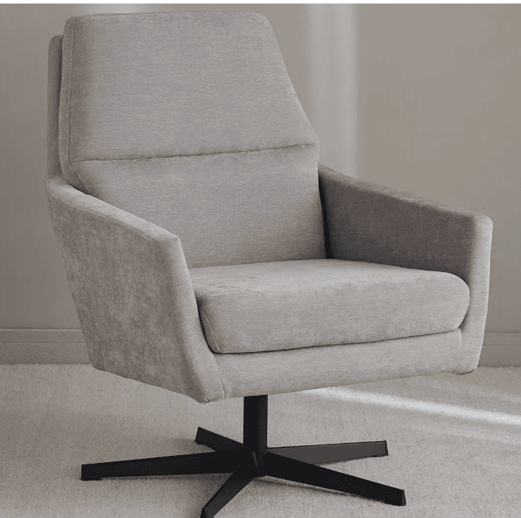 A modern, high-back lounge armchair upholstered in light gray fabric, featuring a comfortable, envel… — 3D model