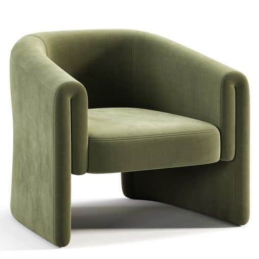 A modern armchair with a rounded back and arms, upholstered in a soft green fabric. The chair featur… — free OBJ 3D model