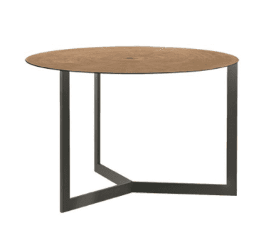 A round coffee table with a wood-grain patterned top and a dark metal base. The base features a geom… — free BLEND 3D model