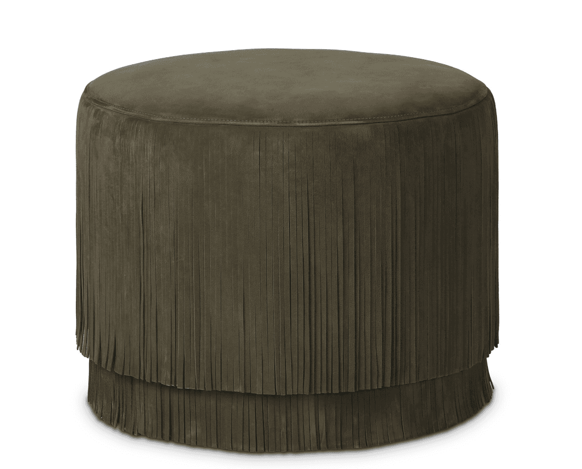 A dark olive-green round ottoman featuring a two-tiered fringe skirt. The top is upholstered and fla… — 3D model