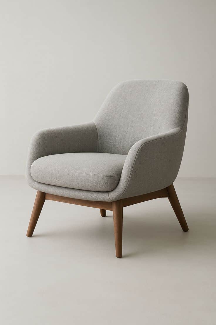 A modern Scandinavian-style lounge chair featuring a light gray upholstered body and a visible solid… — free OBJ 3D model