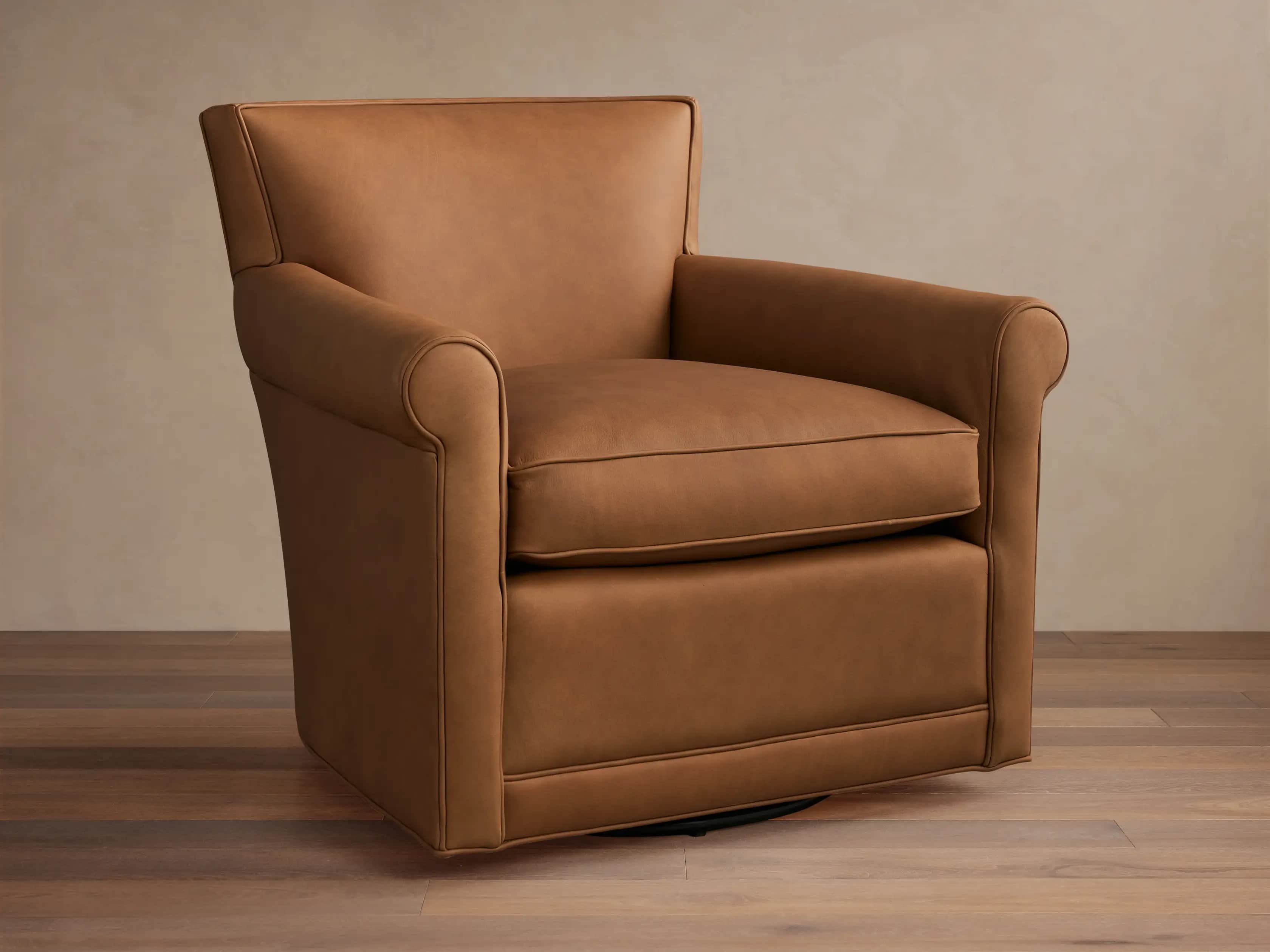 A classic-style swivel armchair upholstered in a warm brown leather, featuring distinct rolled arms,… — 3D model