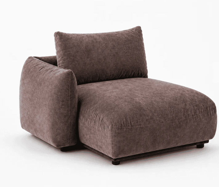 A plush, upholstered seating unit with a curved left armrest and a deep, elongated seat, designed as… — 3D model