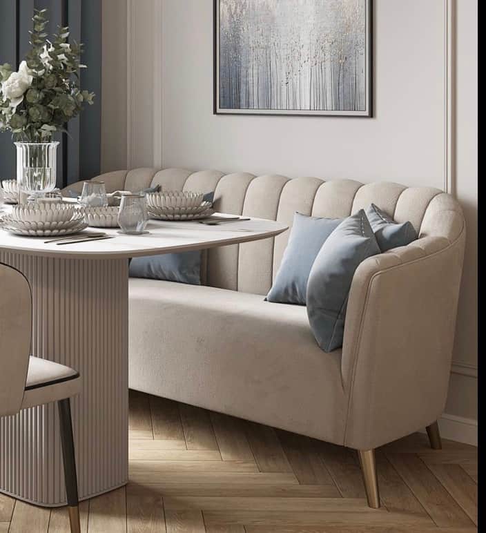 A contemporary loveseat featuring a distinctive fluted backrest, upholstered in a neutral beige fabr… — 3D model