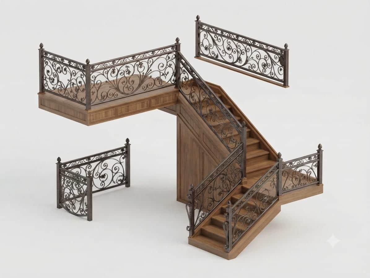 A rendered image of an ornate U-shaped wooden staircase featuring intricate wrought iron balustrades… — 3D model