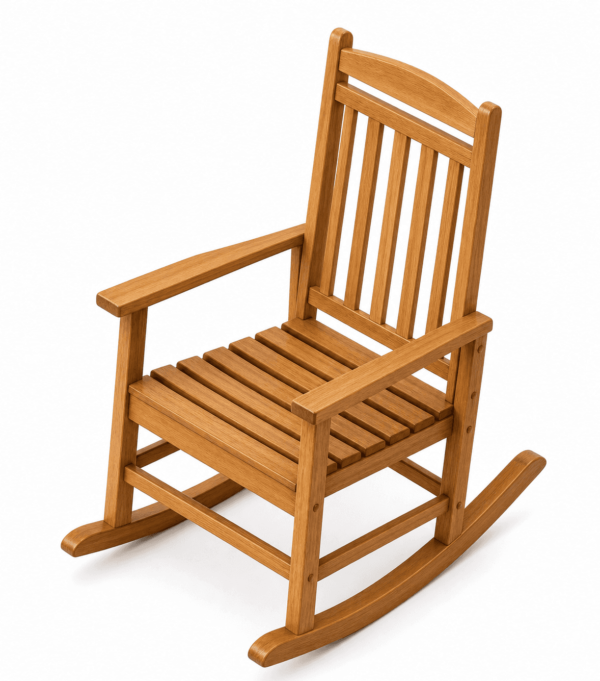 A traditional wooden rocking chair featuring a slatted seat and backrest, flat armrests, and two cur… — 3D model