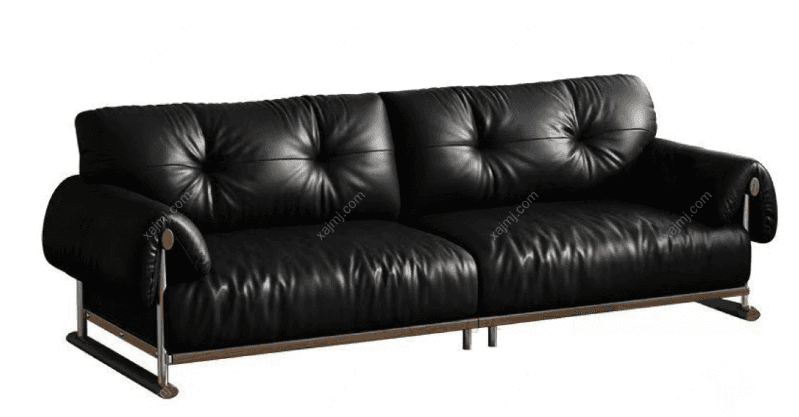 A modern, black leather sofa with a tufted backrest and seat cushions. It features rounded armrests… — 3D model