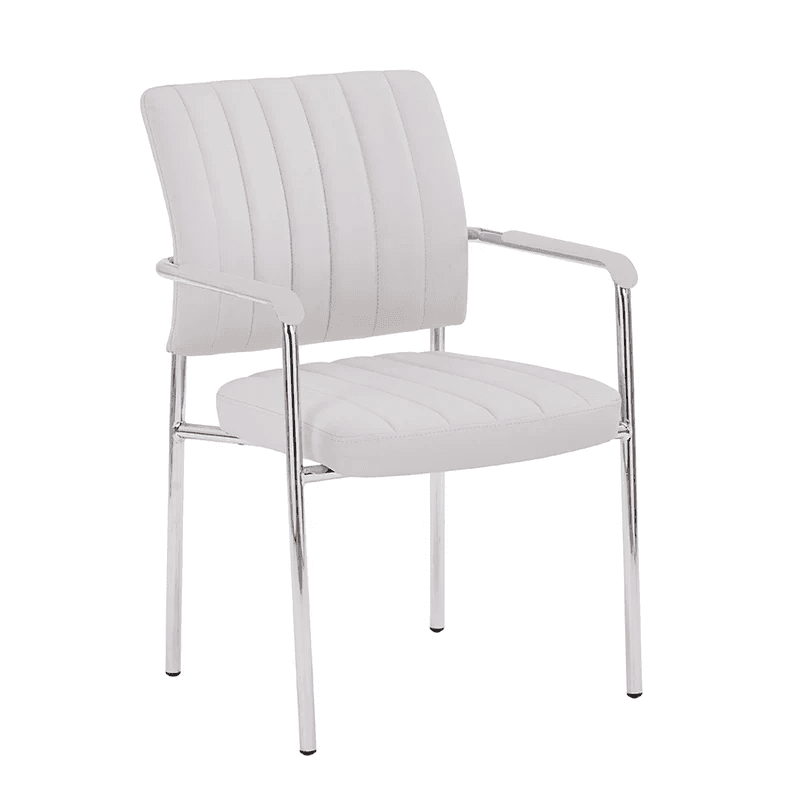 A contemporary armchair featuring a polished chrome metal frame and white channel-tufted faux leathe… — free OBJ 3D model