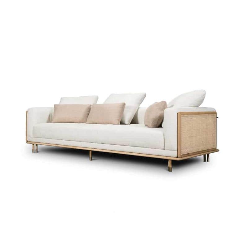 A modern three-seater sofa featuring a clean-lined silhouette, upholstered in a light-colored fabric… — free SKP 3D model