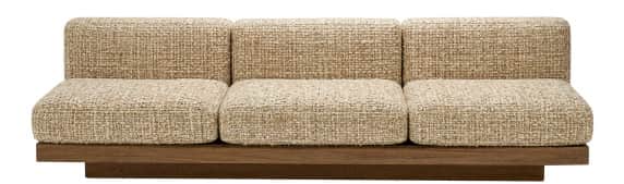 A contemporary three-seater sofa featuring a low-profile design with a prominent wooden platform bas… — 3D model