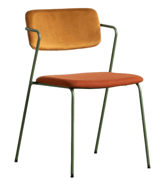 A modern chair with a thin, tubular metal frame in a matte green finish. The seat and backrest are u… — free STL 3D model
