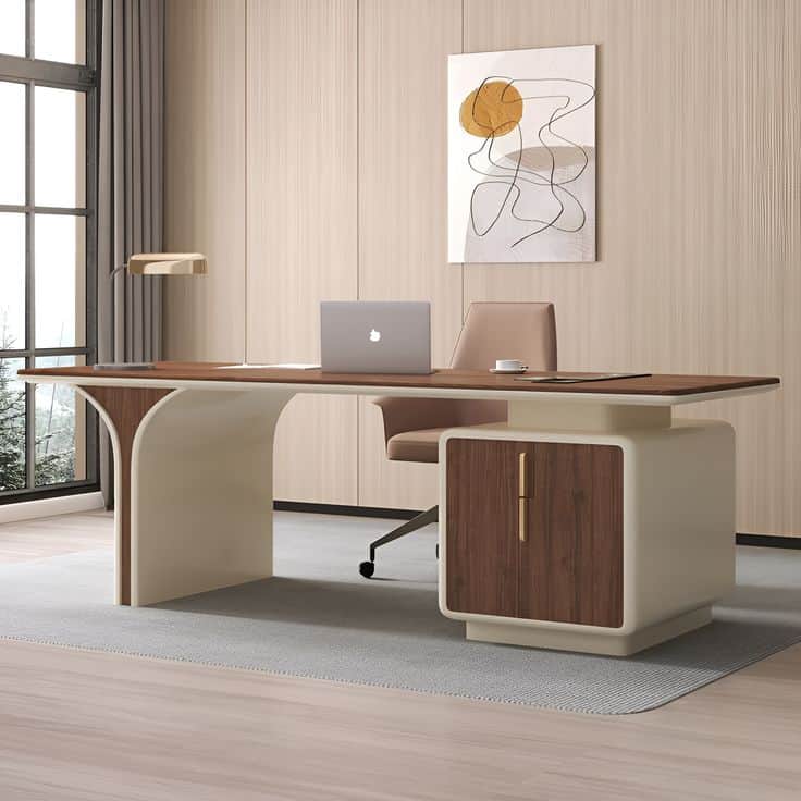 A modern executive desk featuring a dark wood-grain tabletop with rounded edges. One end is supporte… — 3D model