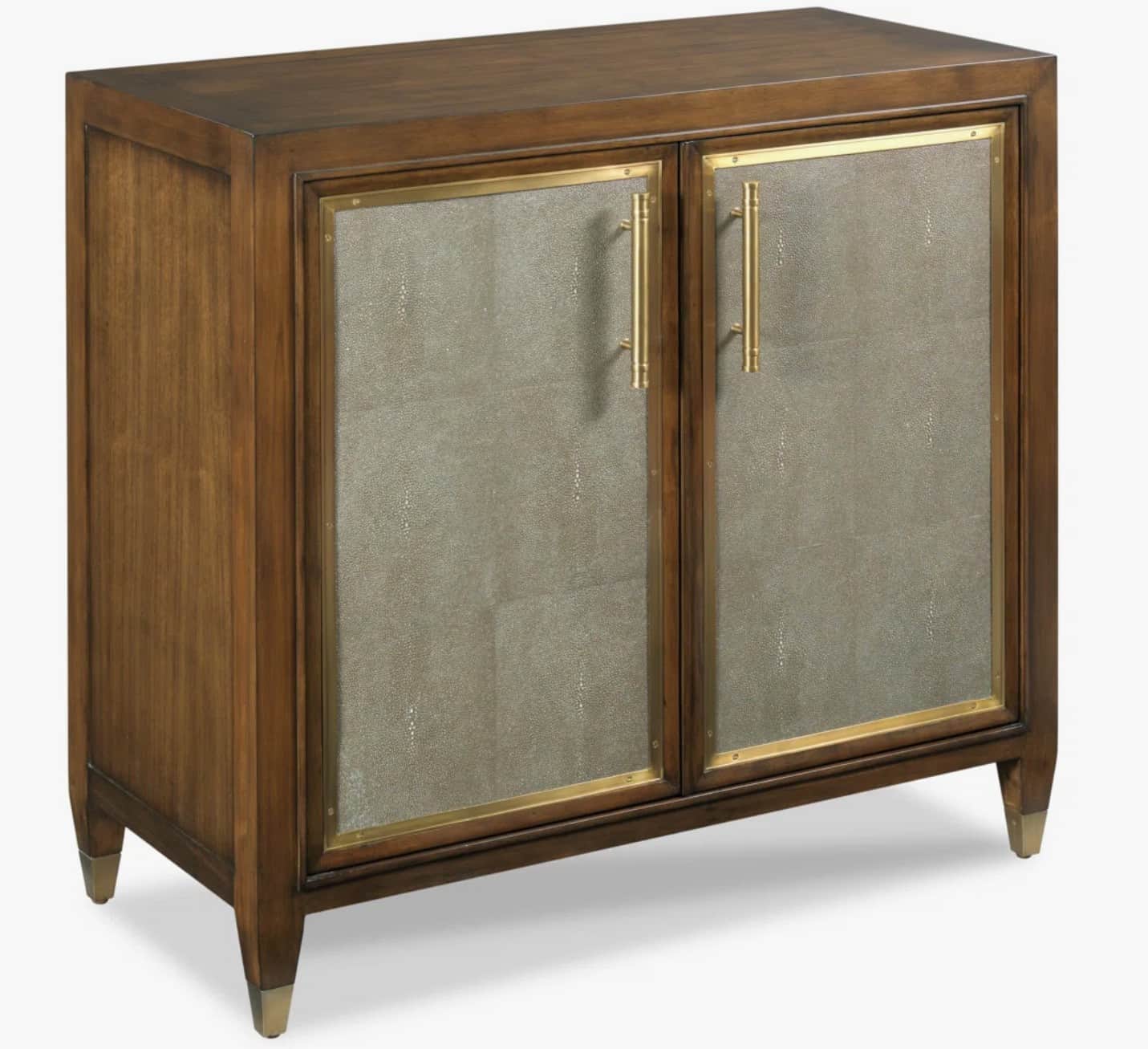 A two-door accent cabinet featuring a dark-stained wooden frame, textured shagreen-like door panels,… — 3D model