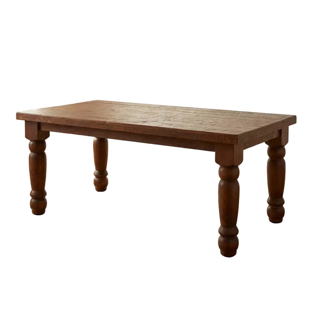 A sturdy, rectangular wooden dining table with a rustic appearance, featuring substantial turned leg… — 3D model