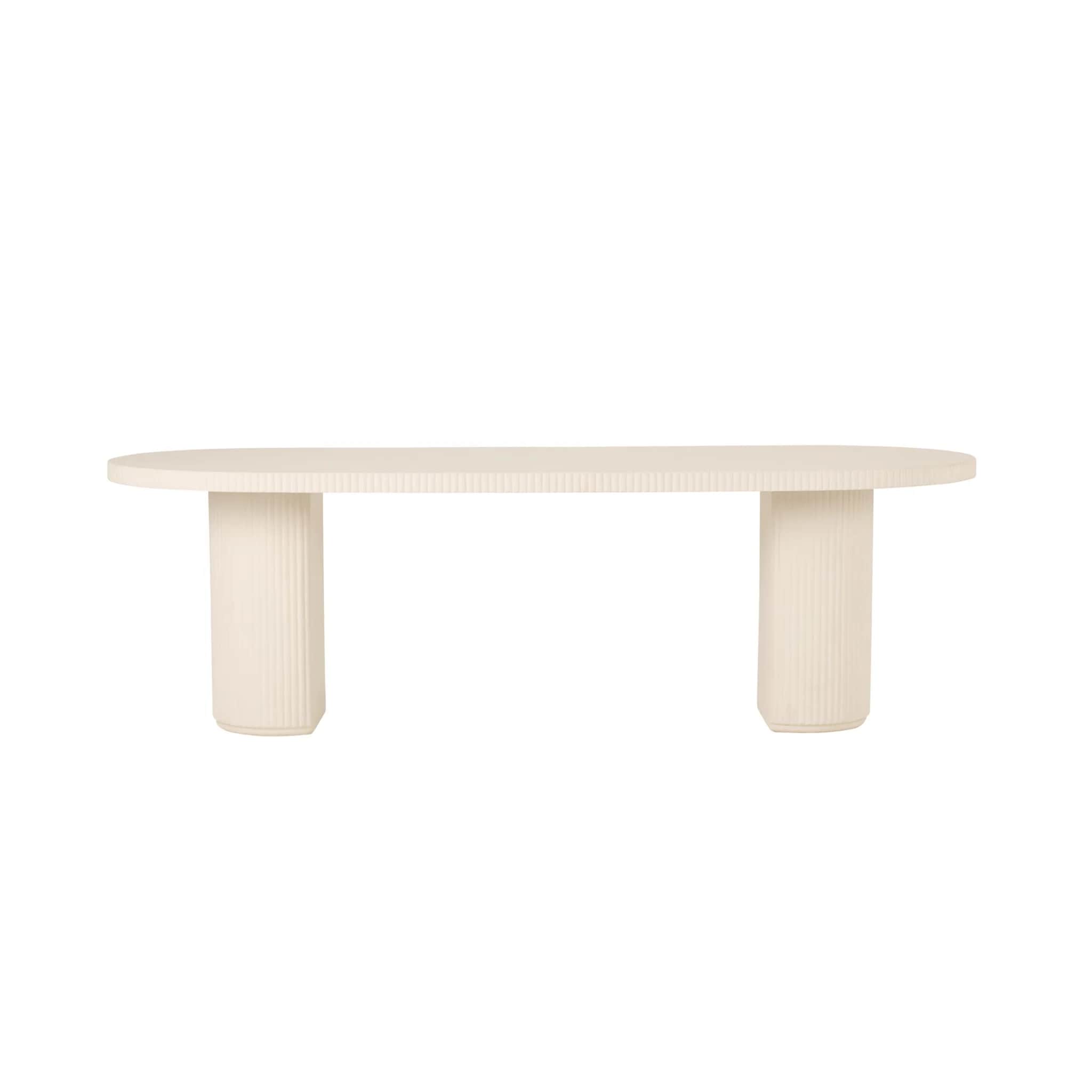 An off-white oval console table featuring a substantial top and two cylindrical pedestal bases, all… — 3D model
