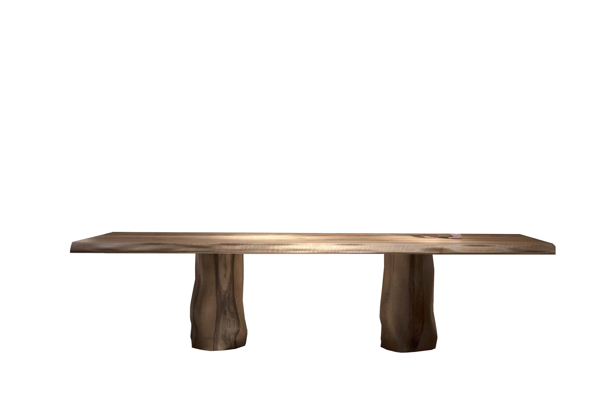 A long, rectangular wooden bench featuring a live-edge top and two thick, organically shaped wooden… — 3D model