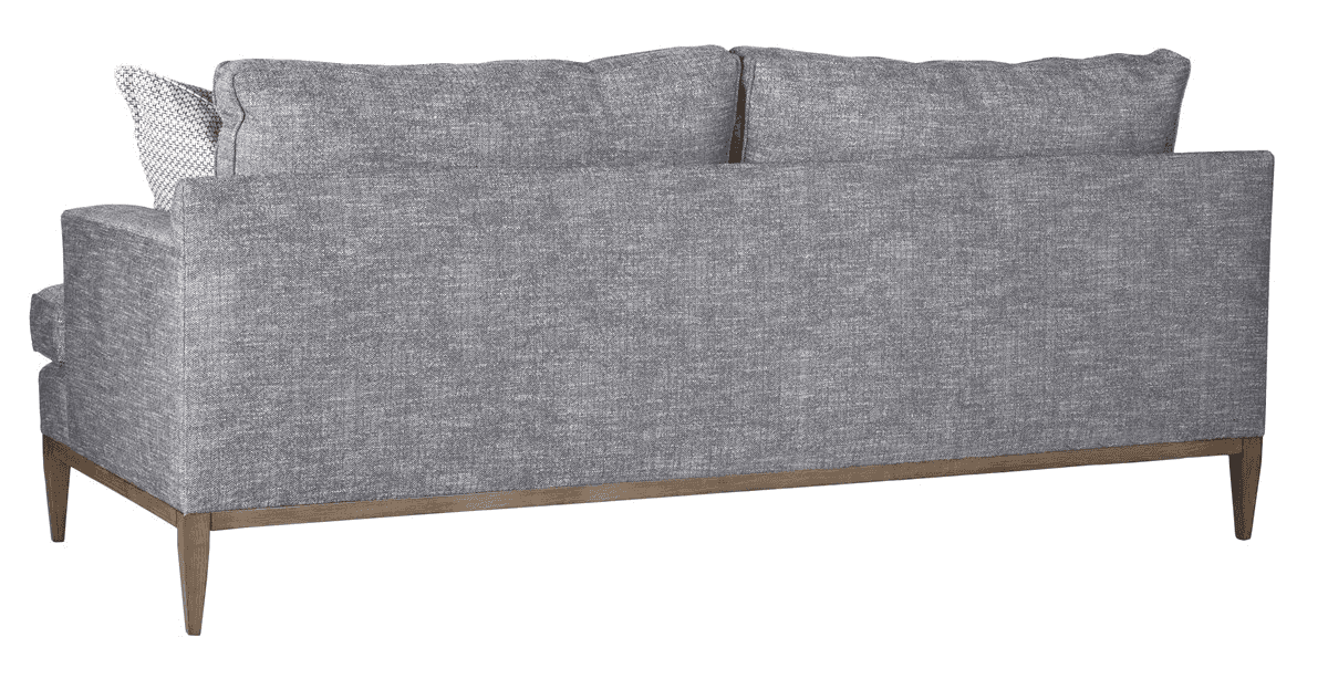 A sofa upholstered in a textured gray fabric. It features a wooden base frame and legs with a natura… — 3D model