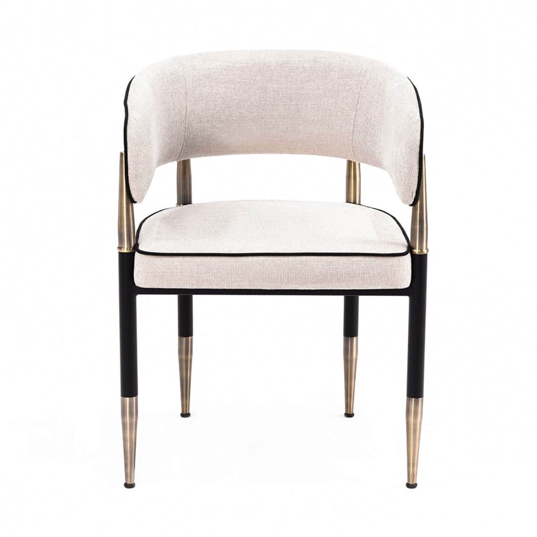 A contemporary upholstered armchair featuring a curved barrel back and seat, covered in a light beig… — 3D model