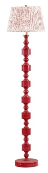 A vibrant red lacquered floor lamp featuring a distinctive stacked spindle-shaped column and a round… — 3D model