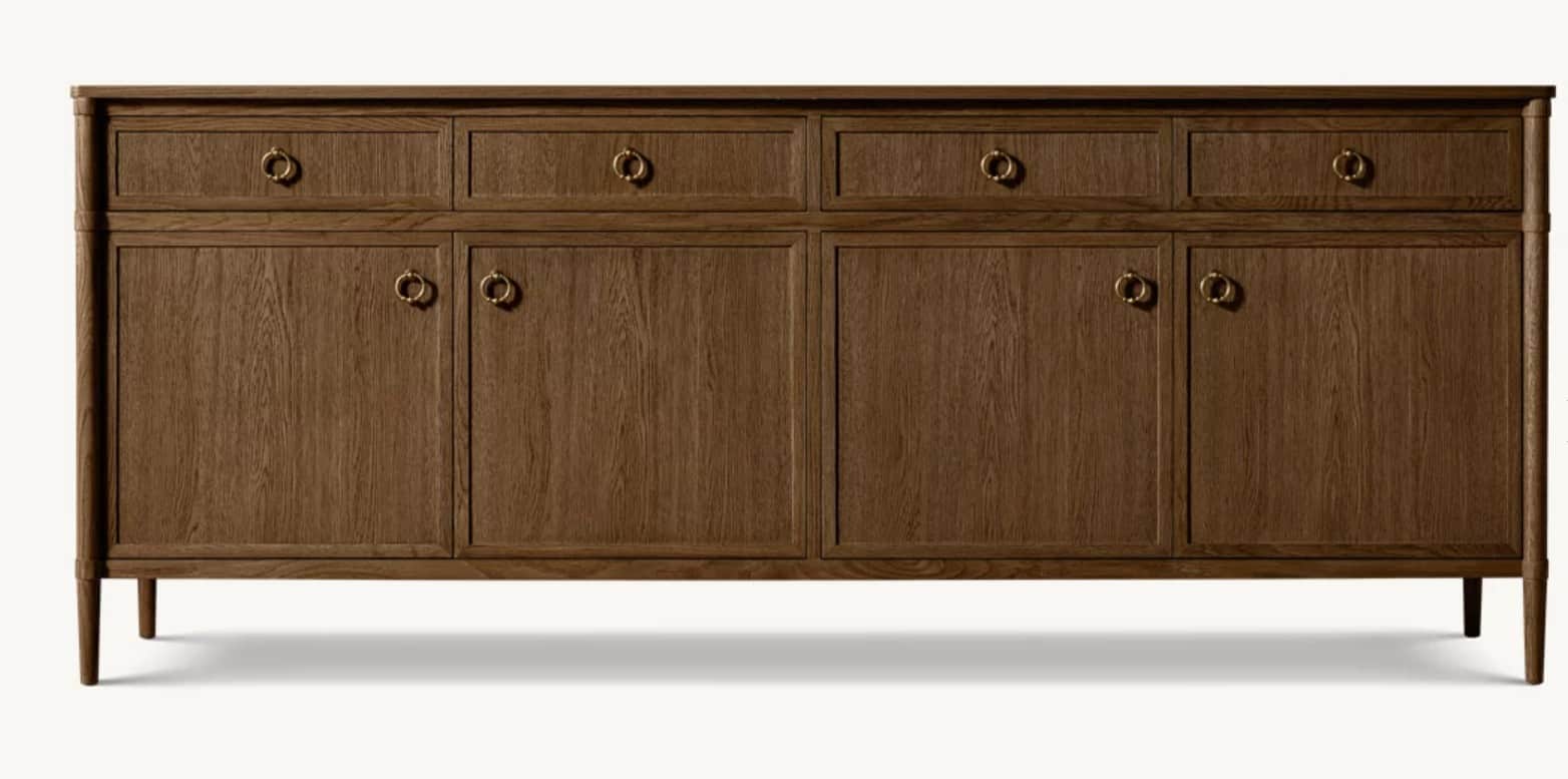 A long, low wooden credenza featuring a dark brown finish with visible wood grain. The credenza is s… — 3D model