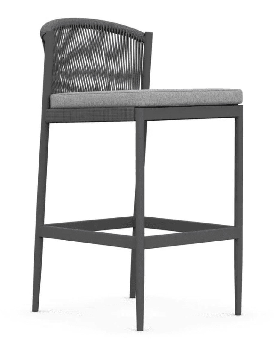 A contemporary bar stool featuring a dark grey aluminum frame, a backrest crafted from tightly woven… — free OBJ 3D model