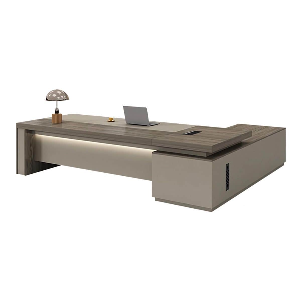 A modern executive desk featuring a combination of wood grain and solid color finishes. The main des… — free OBJ 3D model
