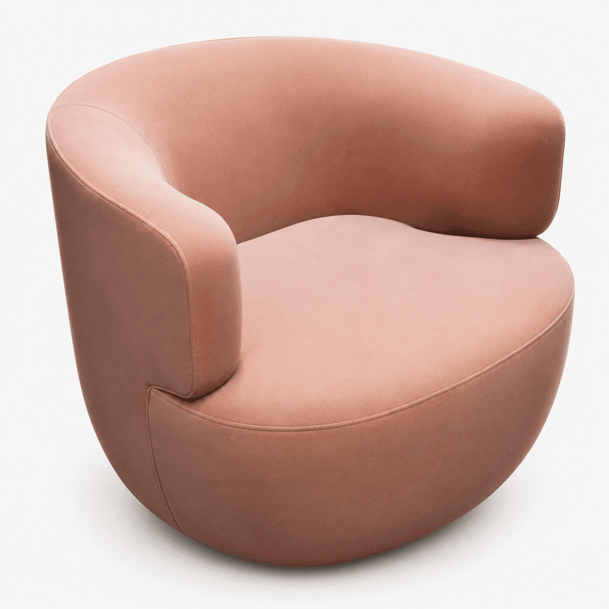 An upholstered lounge chair featuring a distinctive, rounded barrel-like form, entirely covered in a… — 3D model