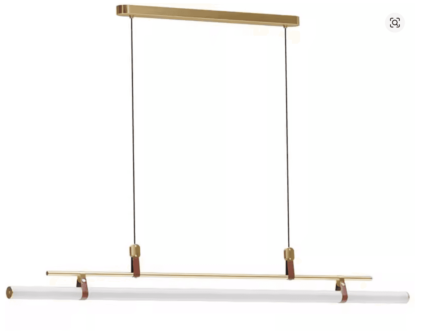 A modern linear pendant light featuring a rectangular brass canopy, two thin suspension wires, and a… — 3D model