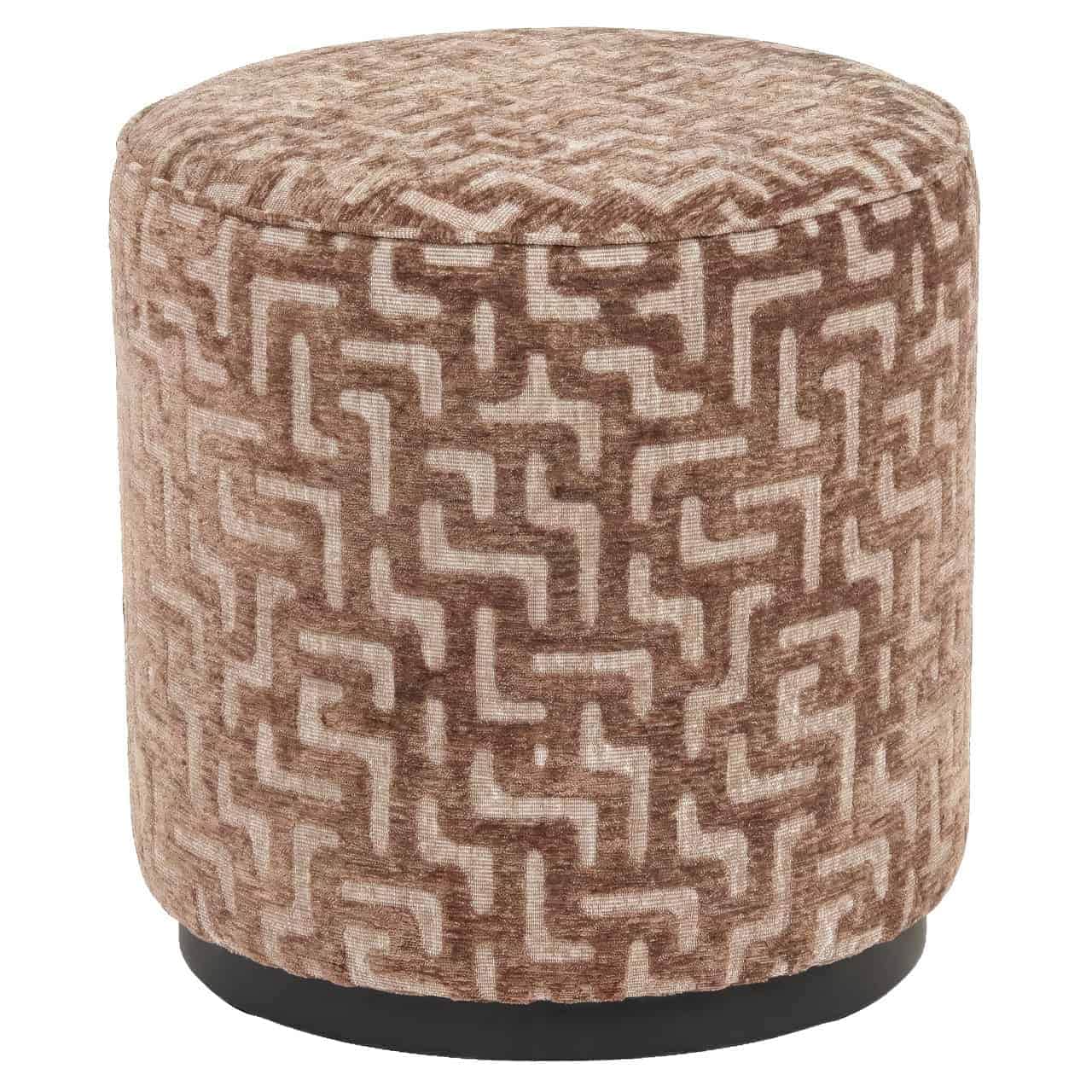 A cylindrical ottoman upholstered in a patterned fabric with a geometric design. The base is a solid… — 3D model