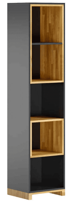 A tall, narrow, modern shelving unit featuring a two-tone design with an anthracite gray exterior an… — 3D model