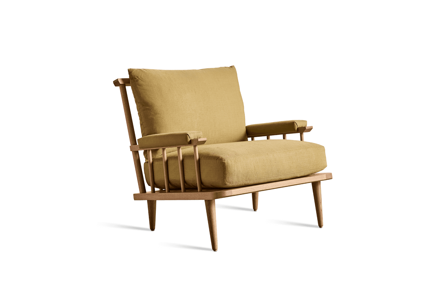 A contemporary armchair with a wooden frame and upholstered cushions. The frame features a spindle-b… — free GLTF 3D model